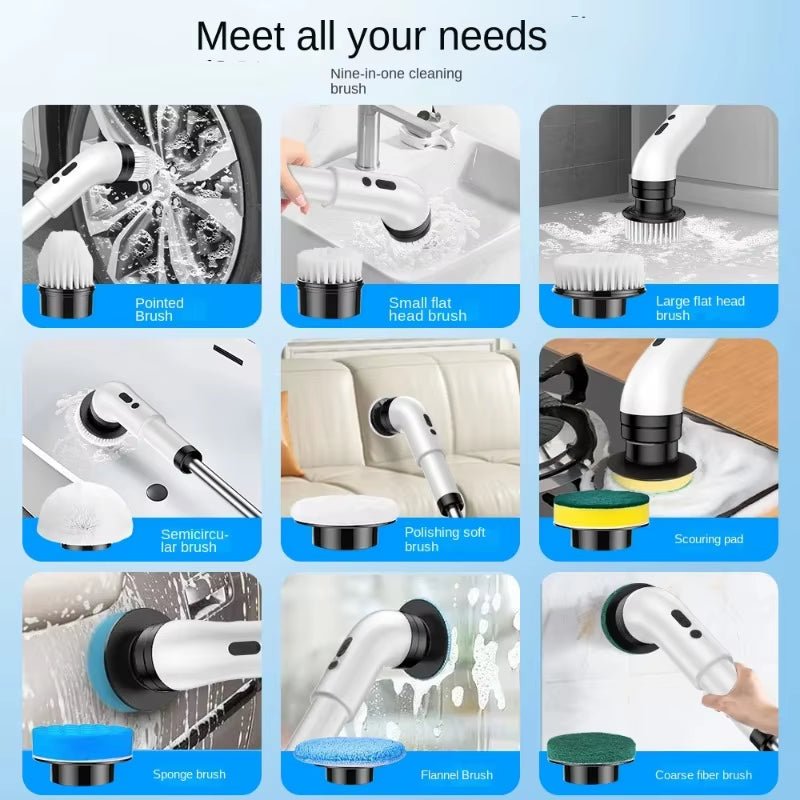 Nine in One Multifunctional Handheld Electric Cleaning Brush with Telescopic Function, Bathroom Floor and Kitchen Cleaning Tool - MacroPanora