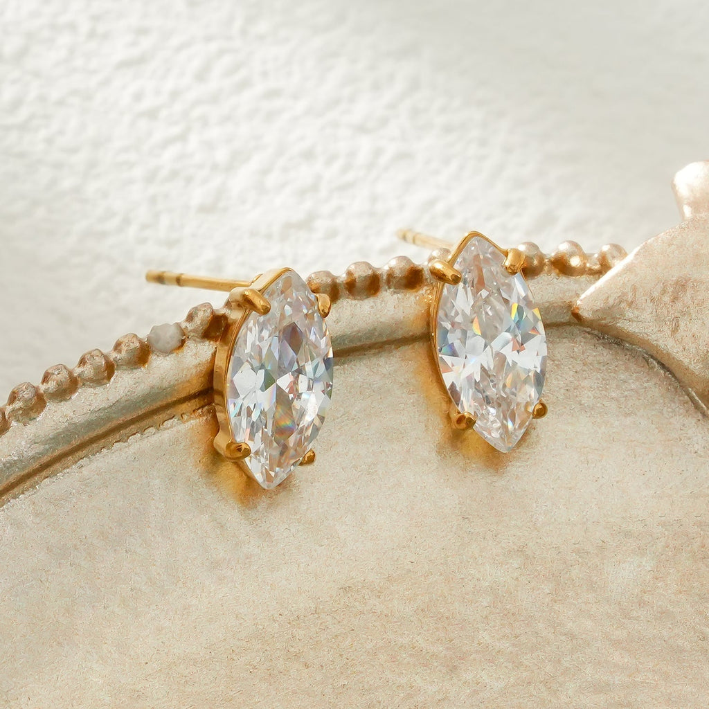 NUIT PARIS Gold: Pavé Zirconia Marquise Stud Earrings – A Sparkling Tribute to the City of Lights - MacroPanora