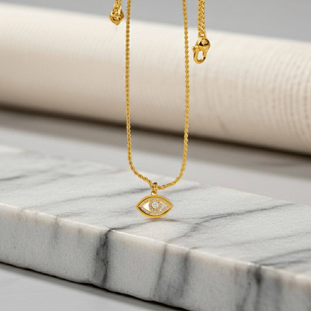 PROTACTOR Gold: Zirconia (CZ) Embellished Evil Eye Chain Necklace - MacroPanora