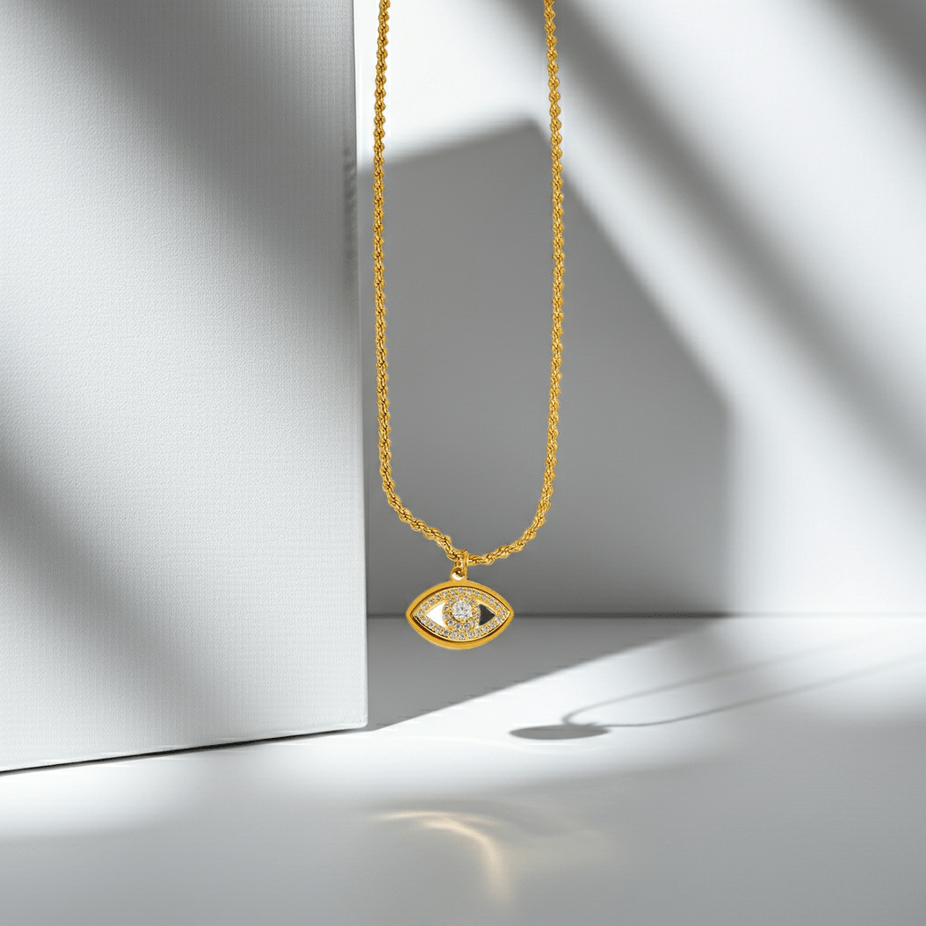 PROTACTOR Gold: Zirconia (CZ) Embellished Evil Eye Chain Necklace - MacroPanora