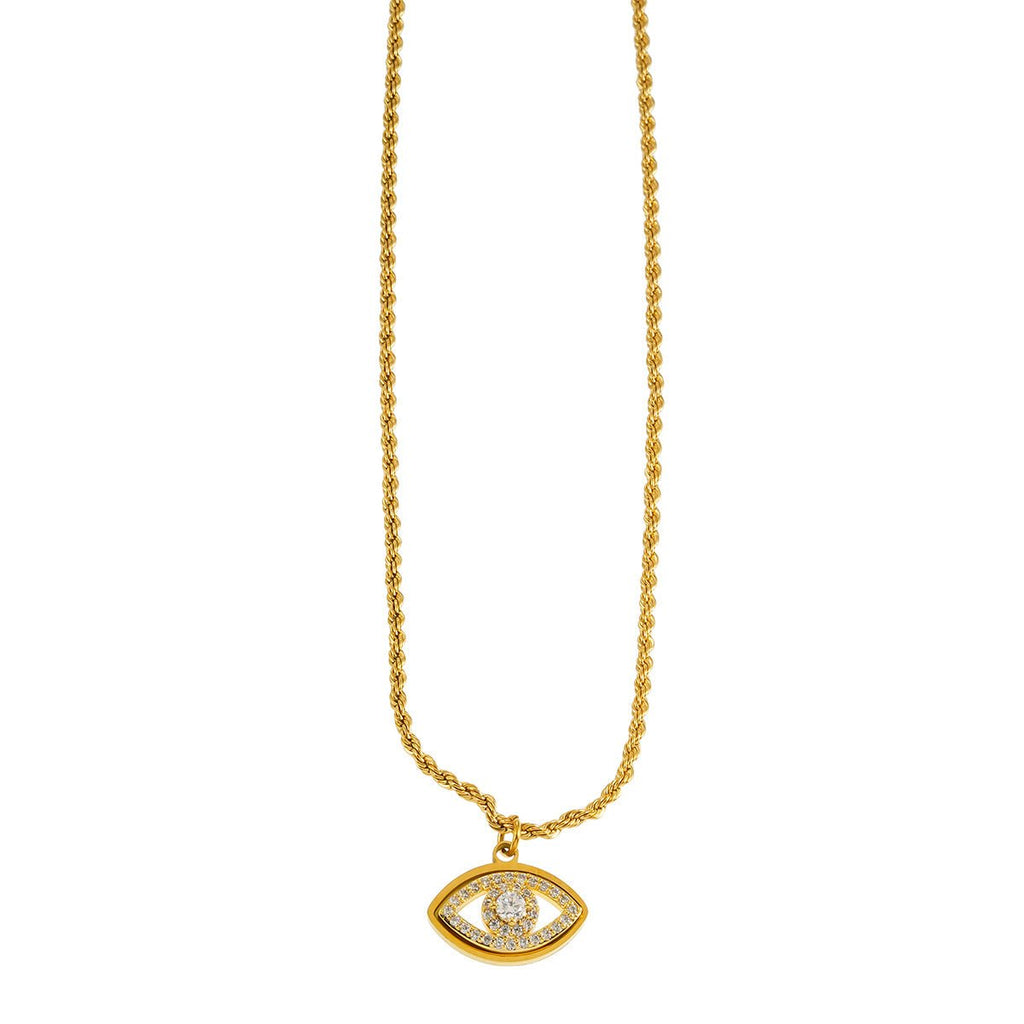 PROTACTOR Gold: Zirconia (CZ) Embellished Evil Eye Chain Necklace - MacroPanora
