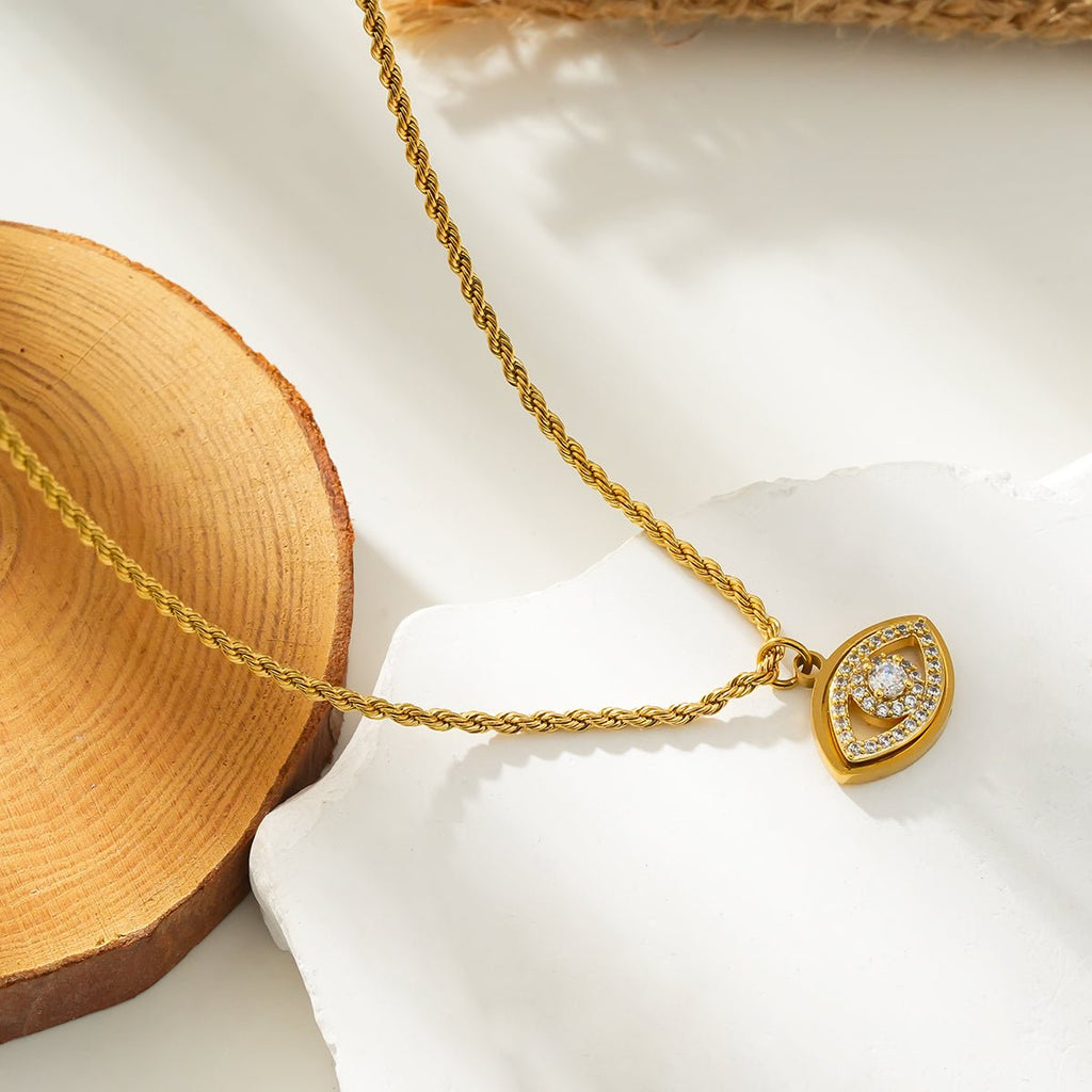 PROTACTOR Gold: Zirconia (CZ) Embellished Evil Eye Chain Necklace - MacroPanora