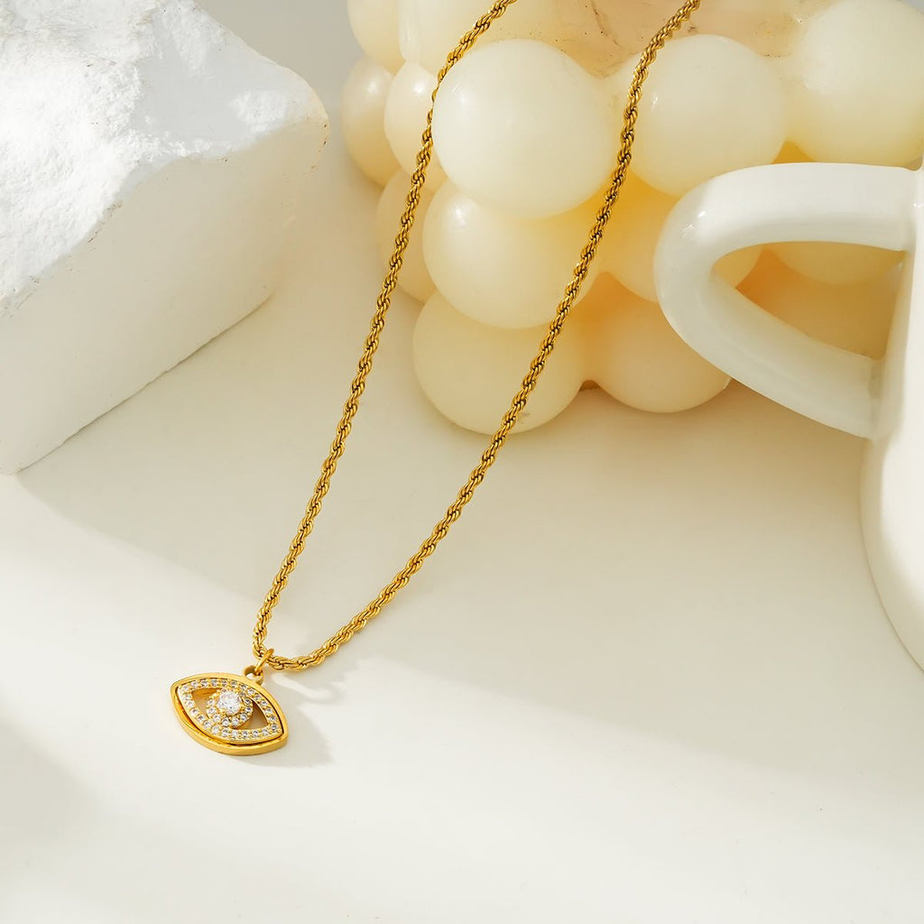 PROTACTOR Gold: Zirconia (CZ) Embellished Evil Eye Chain Necklace - MacroPanora