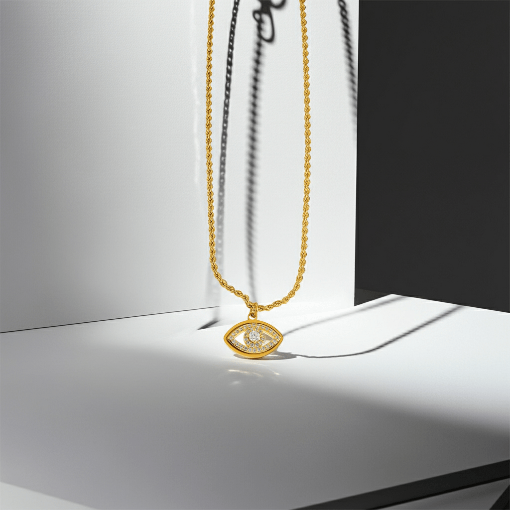 PROTACTOR Gold: Zirconia (CZ) Embellished Evil Eye Chain Necklace - MacroPanora