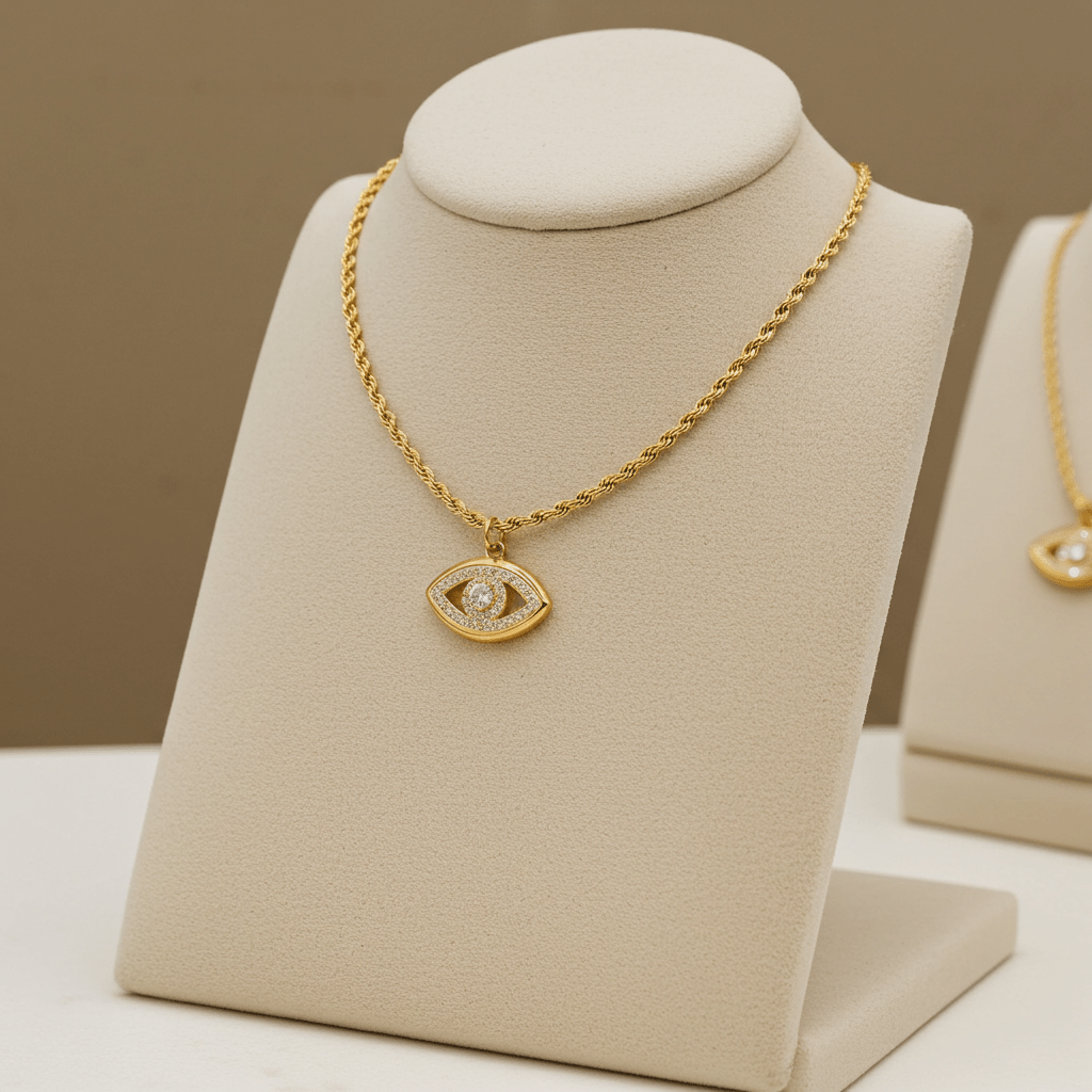 PROTACTOR Gold: Zirconia (CZ) Embellished Evil Eye Chain Necklace - MacroPanora