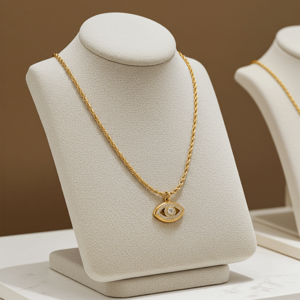 PROTACTOR Gold: Zirconia (CZ) Embellished Evil Eye Chain Necklace - MacroPanora