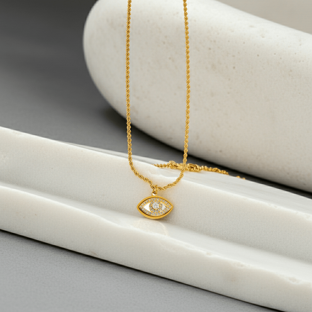 PROTACTOR Gold: Zirconia (CZ) Embellished Evil Eye Chain Necklace - MacroPanora