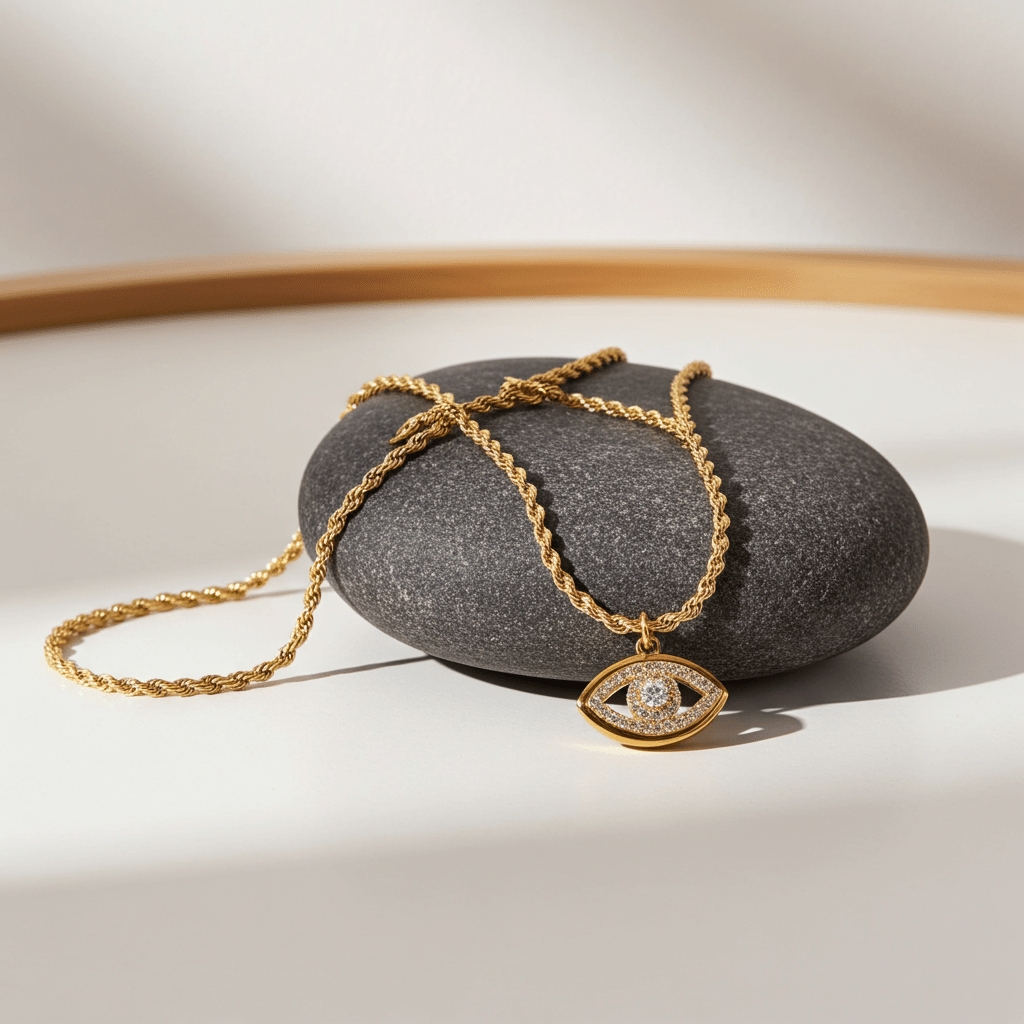 PROTACTOR Gold: Zirconia (CZ) Embellished Evil Eye Chain Necklace - MacroPanora