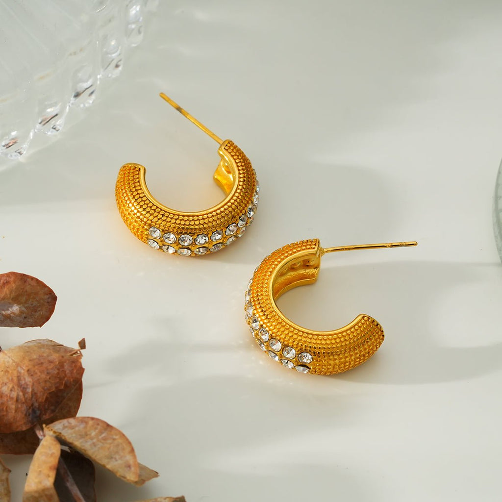 RANI Gold: Textured Pavé Zirconia (CZ) Mini Hoop Earrings - MacroPanora