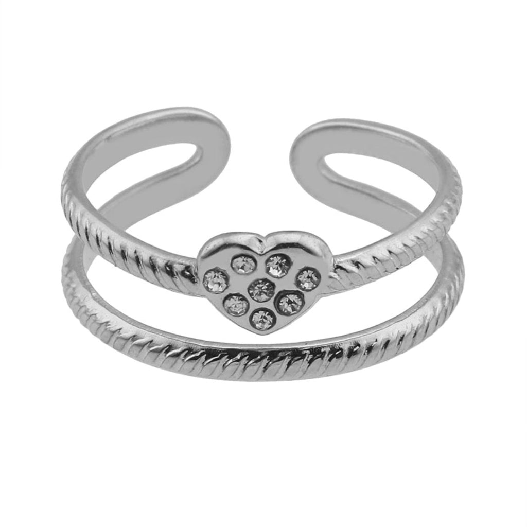 RENEE Silver Toned White Gold: Double Stacked Zirconia (CZ) Embellished Heart Ring - MacroPanora