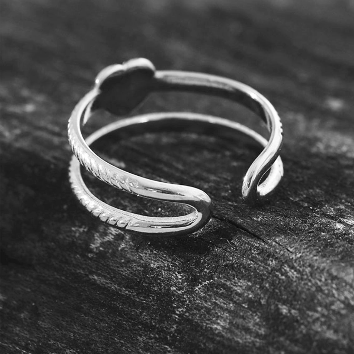 RENEE Silver Toned White Gold: Double Stacked Zirconia (CZ) Embellished Heart Ring - MacroPanora