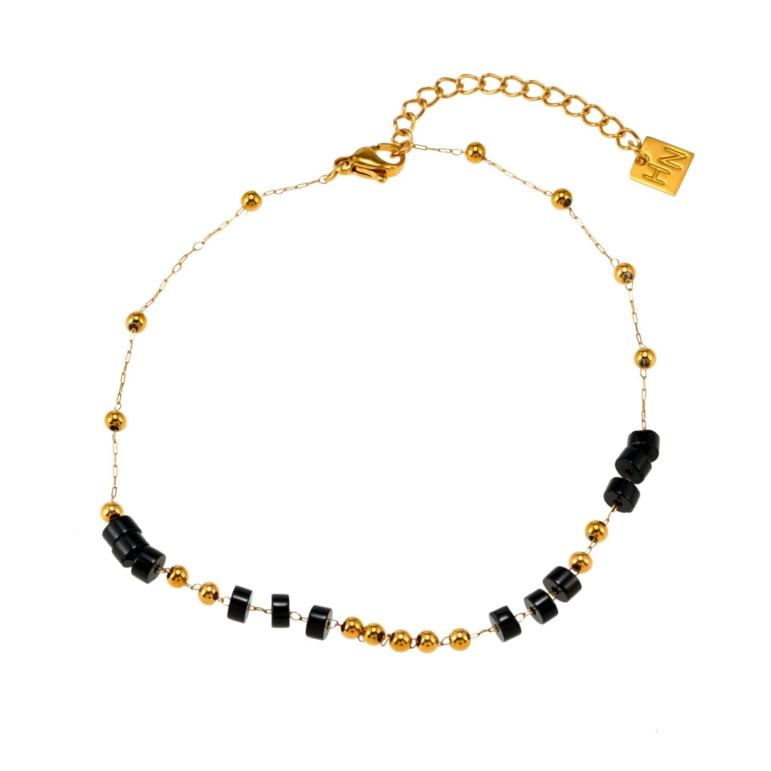 ROSARIO LG: Black Onyx and Gold Beaded Chain Anklet - MacroPanora