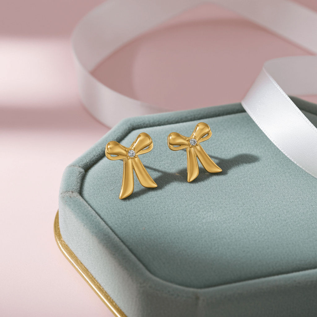 SAMANTHA Gold: Bow Stud Earrings with Solitaire Zirconia – Dainty & Chic Everyday Jewelry - MacroPanora