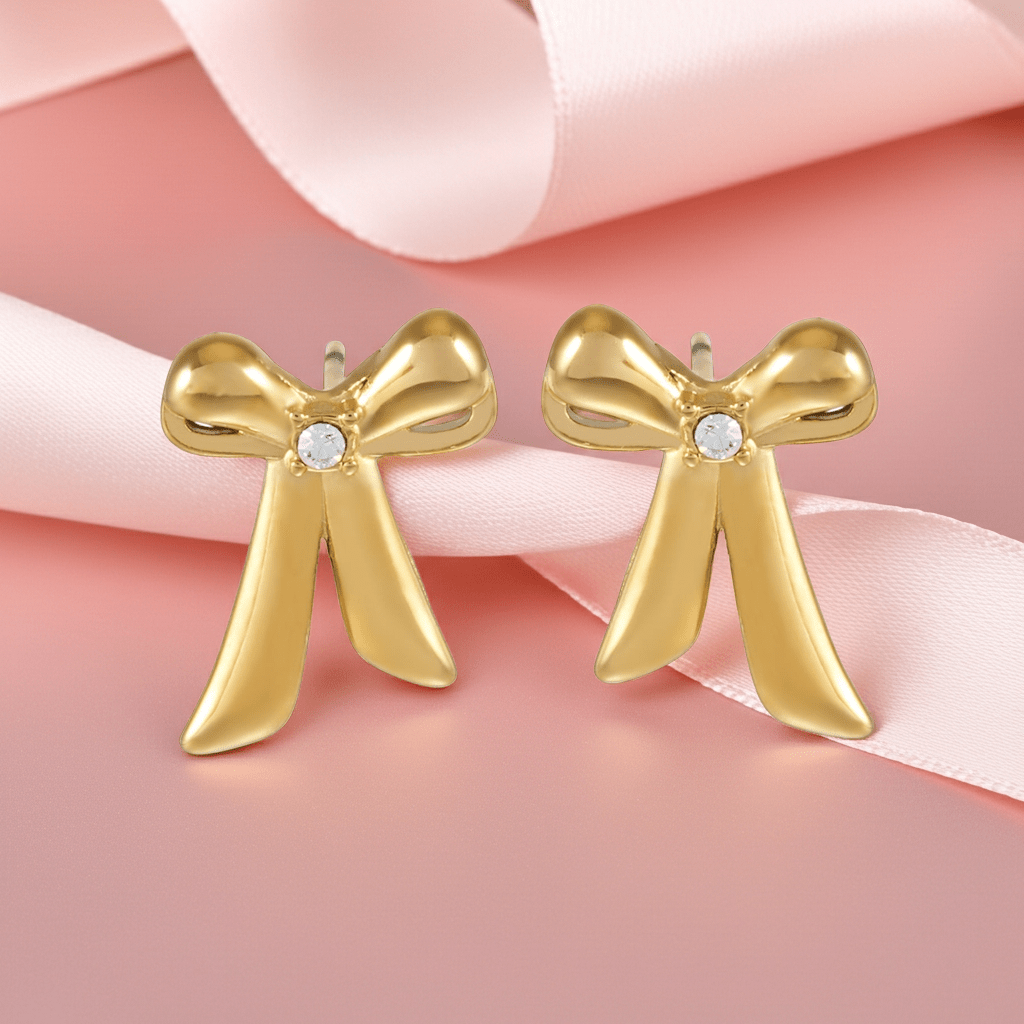 SAMANTHA Gold: Bow Stud Earrings with Solitaire Zirconia – Dainty & Chic Everyday Jewelry - MacroPanora