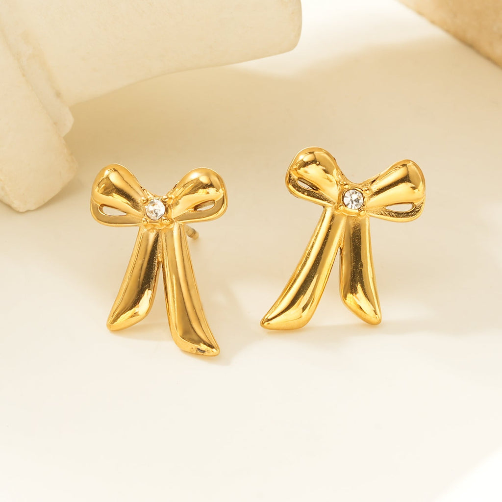 SAMANTHA Gold: Bow Stud Earrings with Solitaire Zirconia – Dainty & Chic Everyday Jewelry - MacroPanora