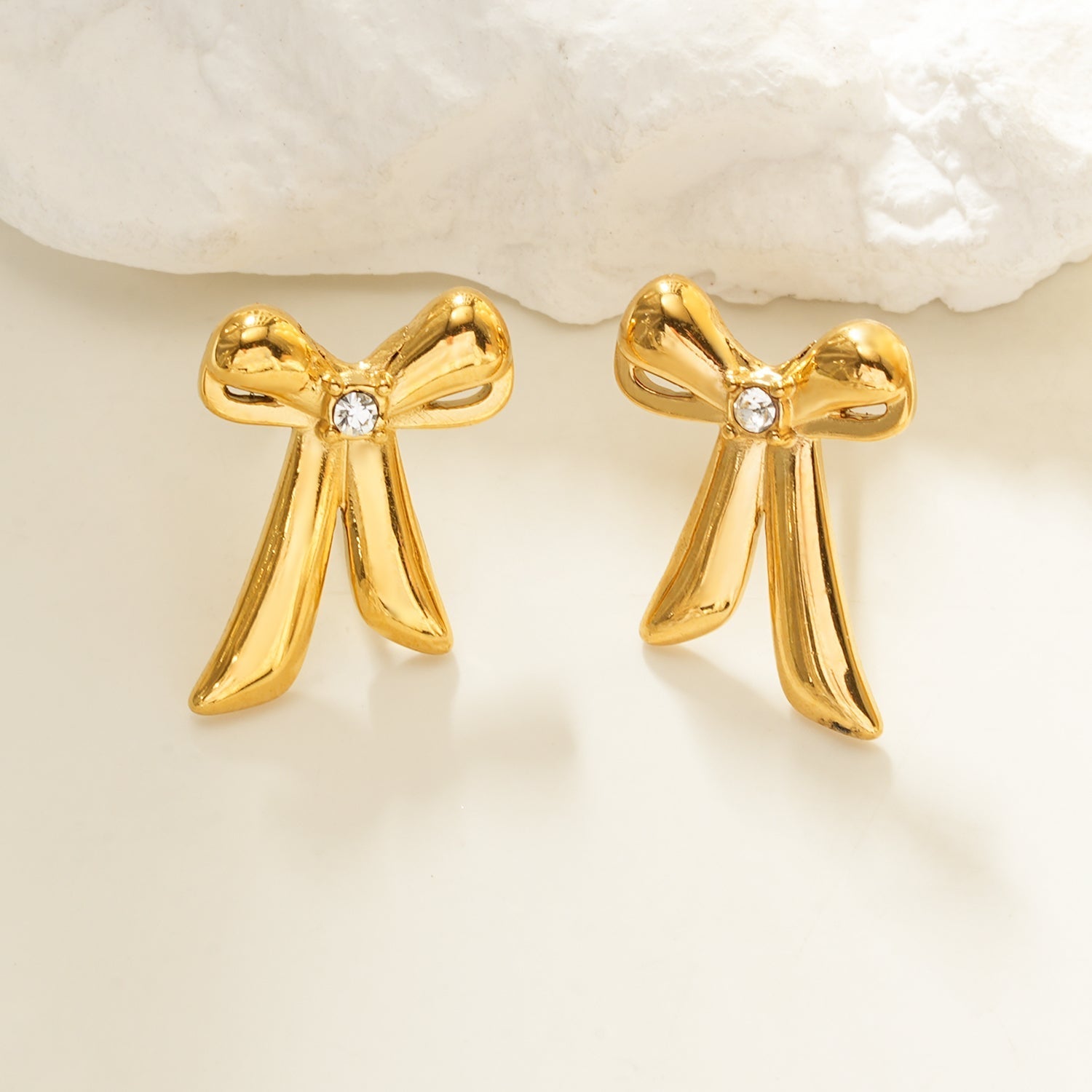 SAMANTHA Gold: Bow Stud Earrings with Solitaire Zirconia – Dainty & Chic Everyday Jewelry - MacroPanora