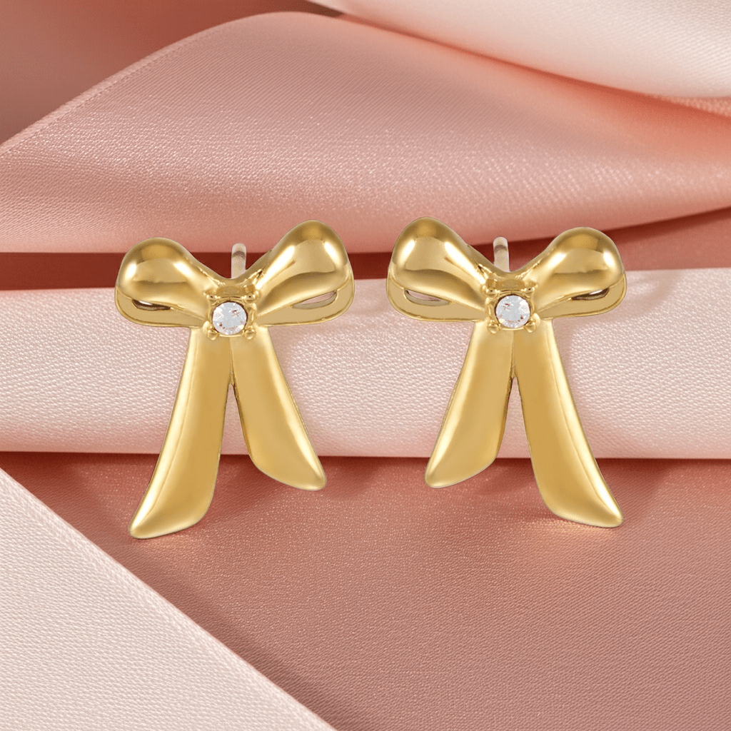 SAMANTHA Gold: Bow Stud Earrings with Solitaire Zirconia – Dainty & Chic Everyday Jewelry - MacroPanora