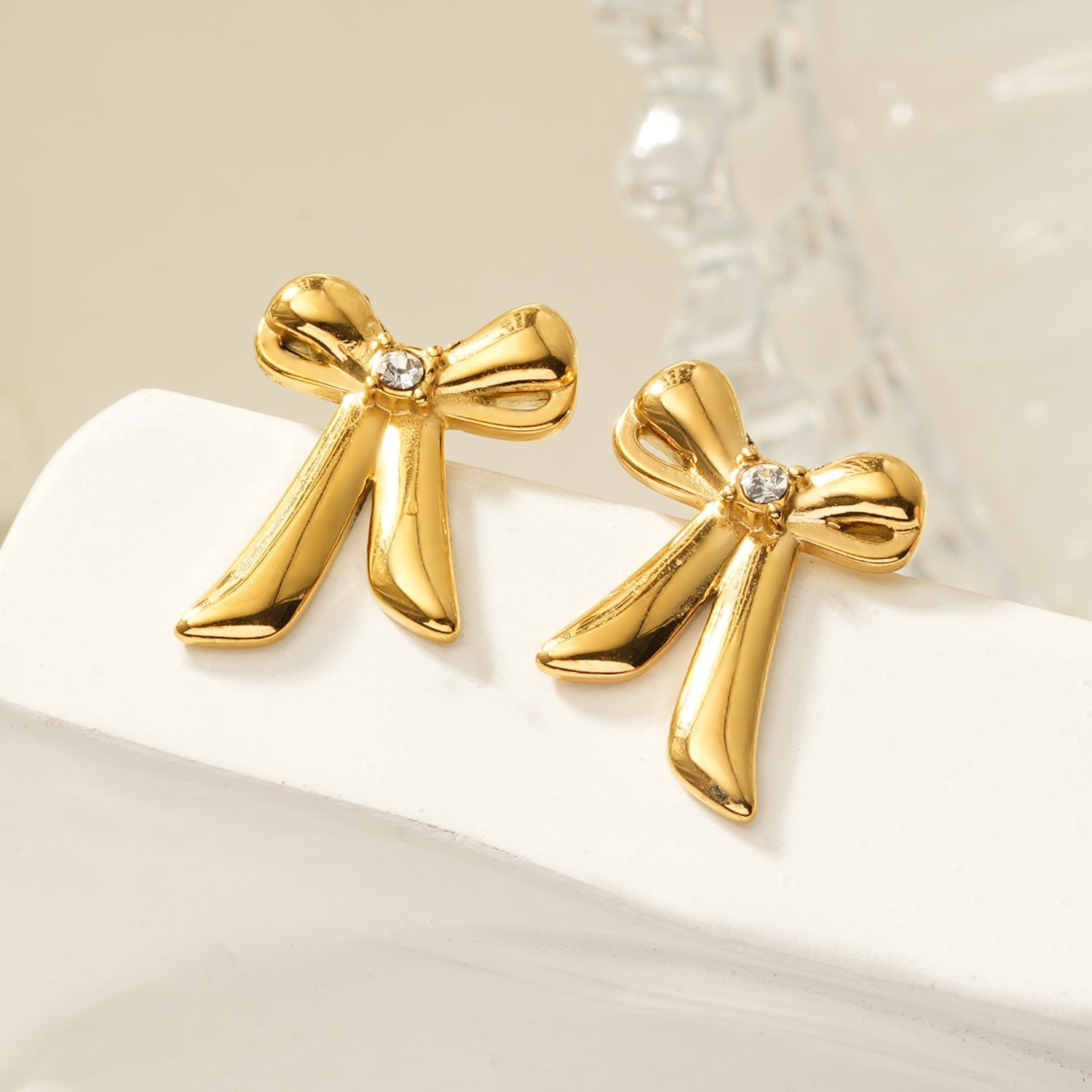 SAMANTHA Gold: Bow Stud Earrings with Solitaire Zirconia – Dainty & Chic Everyday Jewelry - MacroPanora