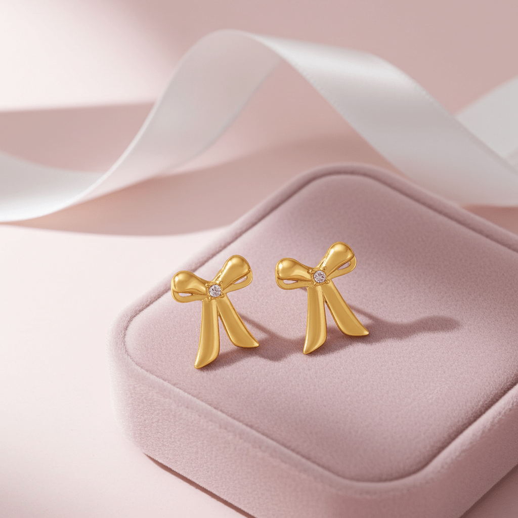 SAMANTHA Gold: Bow Stud Earrings with Solitaire Zirconia – Dainty & Chic Everyday Jewelry - MacroPanora