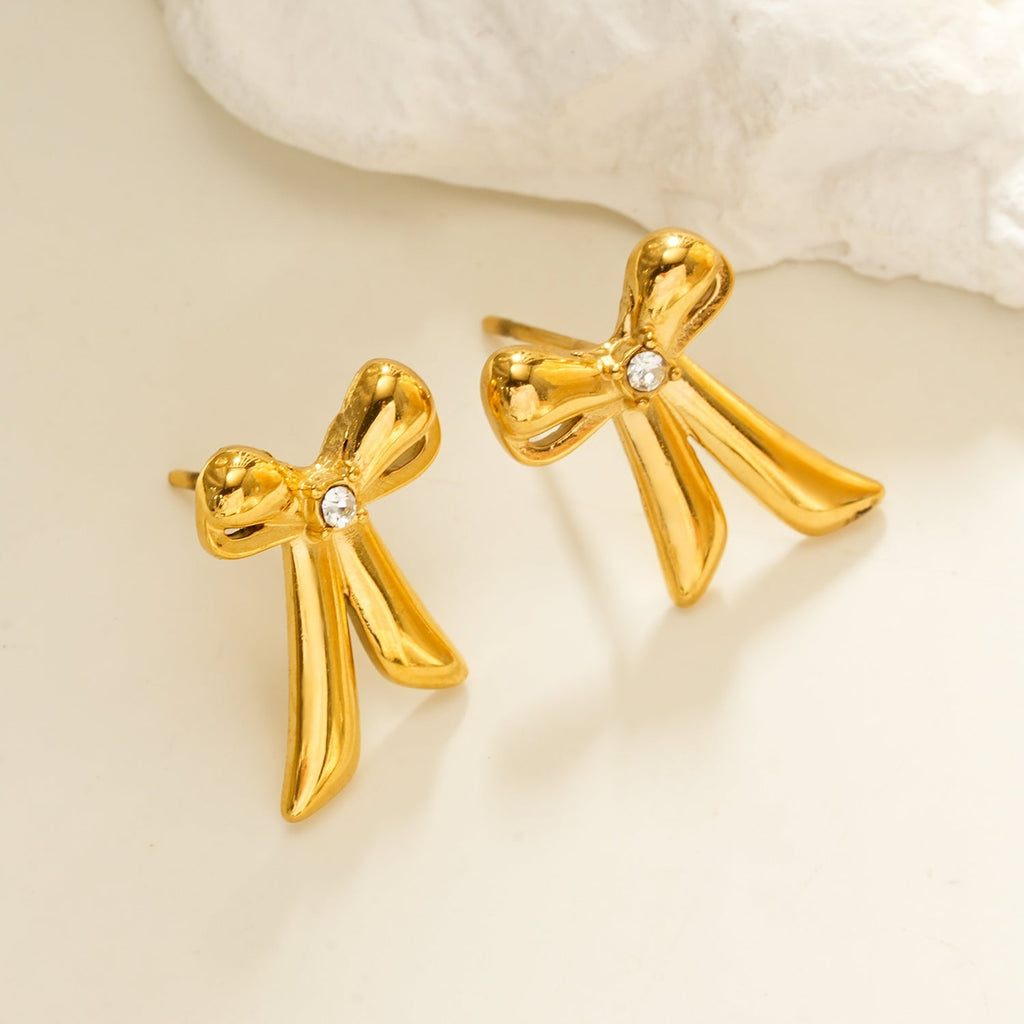 SAMANTHA Gold: Bow Stud Earrings with Solitaire Zirconia – Dainty & Chic Everyday Jewelry - MacroPanora