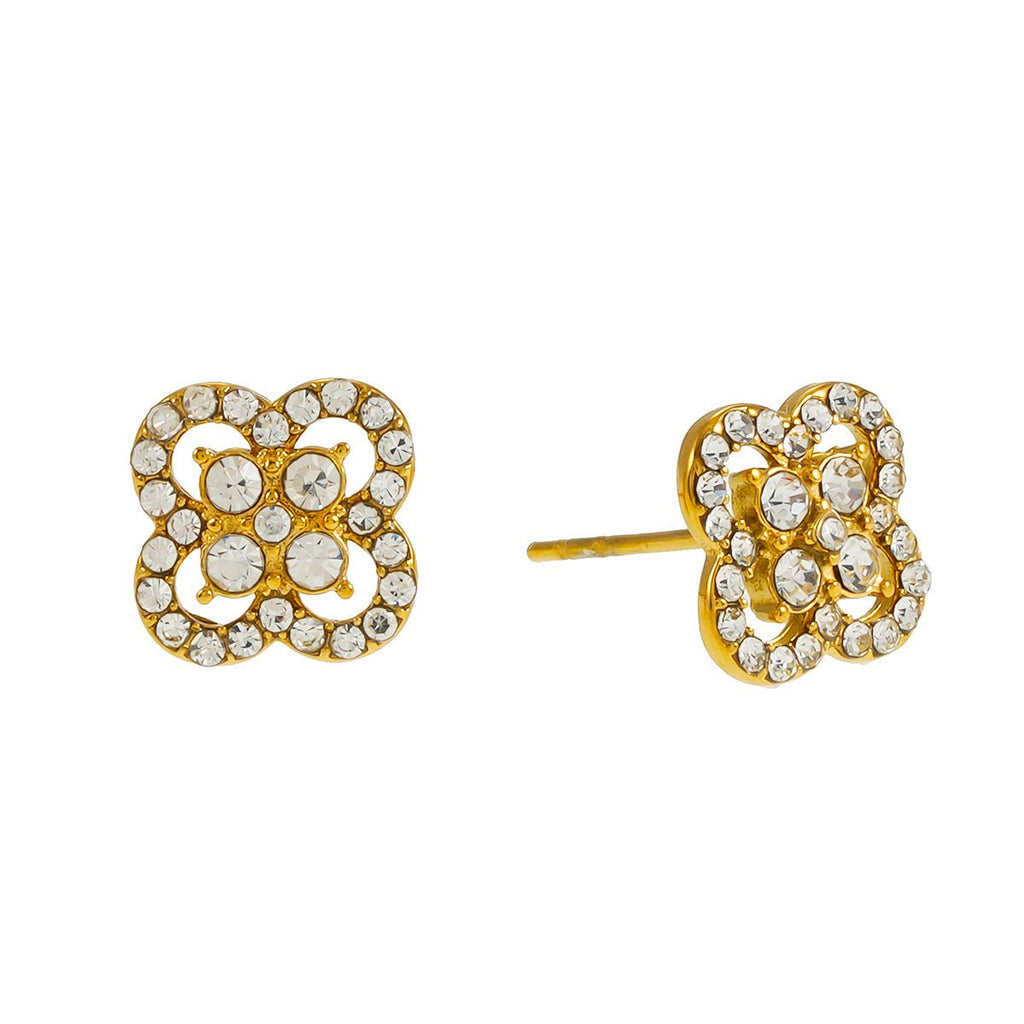 SANIBELL Gold: Clover Shaped Pavé Zirconia Stud Earrings - MacroPanora