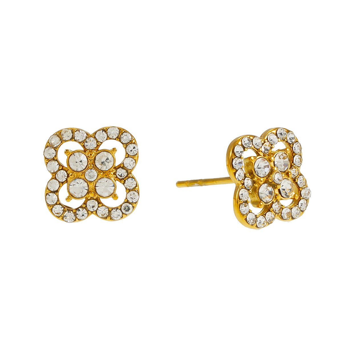 SANIBELL Gold: Clover Shaped Pavé Zirconia Stud Earrings - MacroPanora