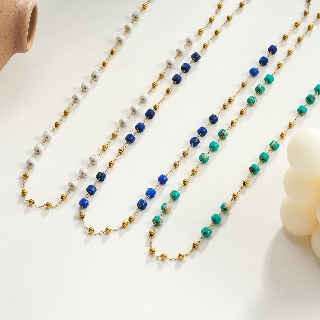 SANTA CRUZ Blue: Gold & Natural Stone Beaded Chain Necklace - MacroPanora