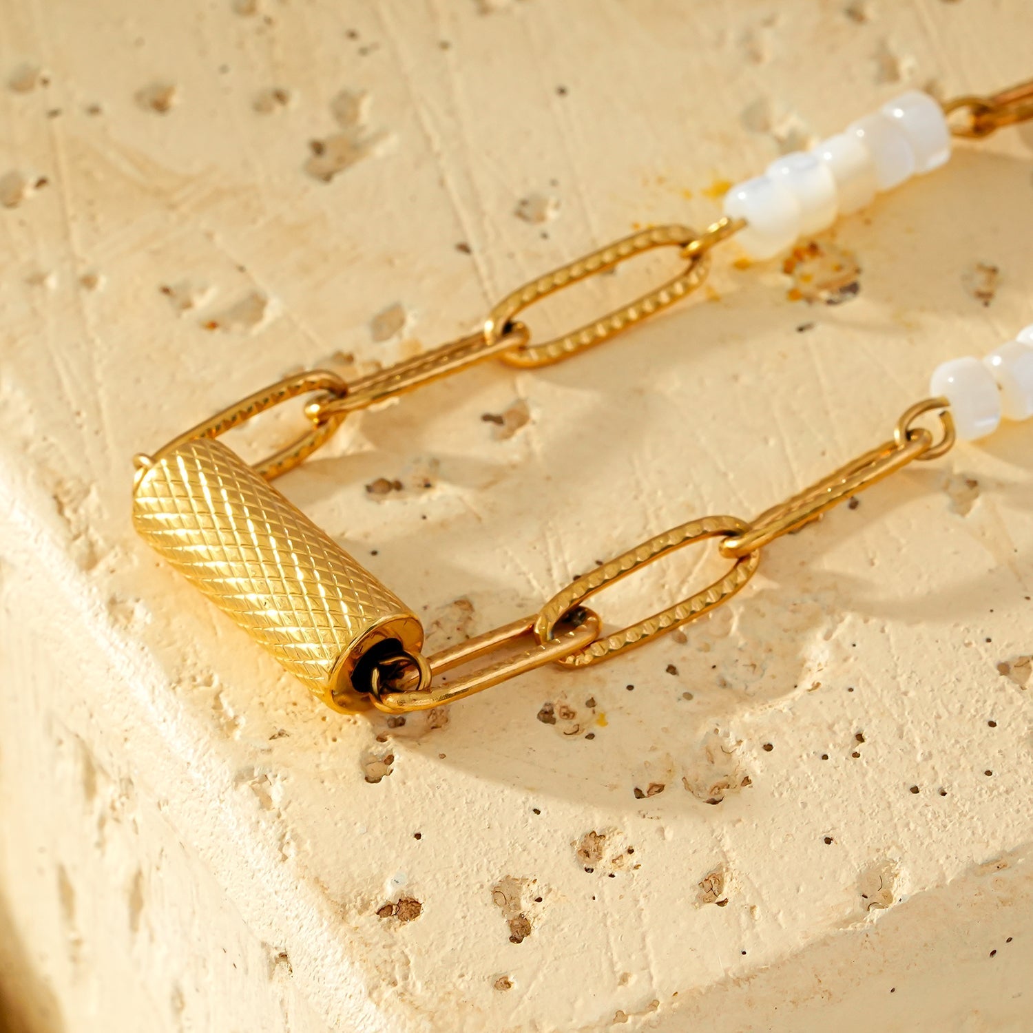SEDONA Bracelet: Natural Shell & Gold Paper - Clip Chain Combination with an Art Deco Pendent - MacroPanora