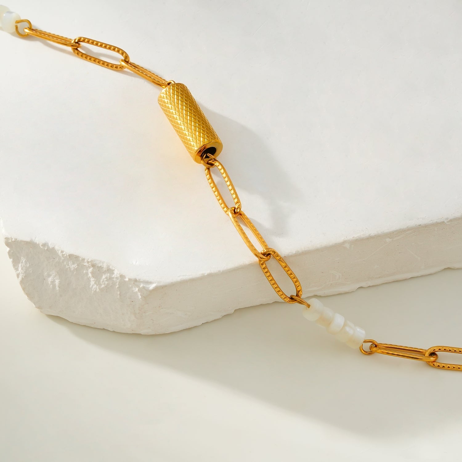 SEDONA Bracelet: Natural Shell & Gold Paper - Clip Chain Combination with an Art Deco Pendent - MacroPanora
