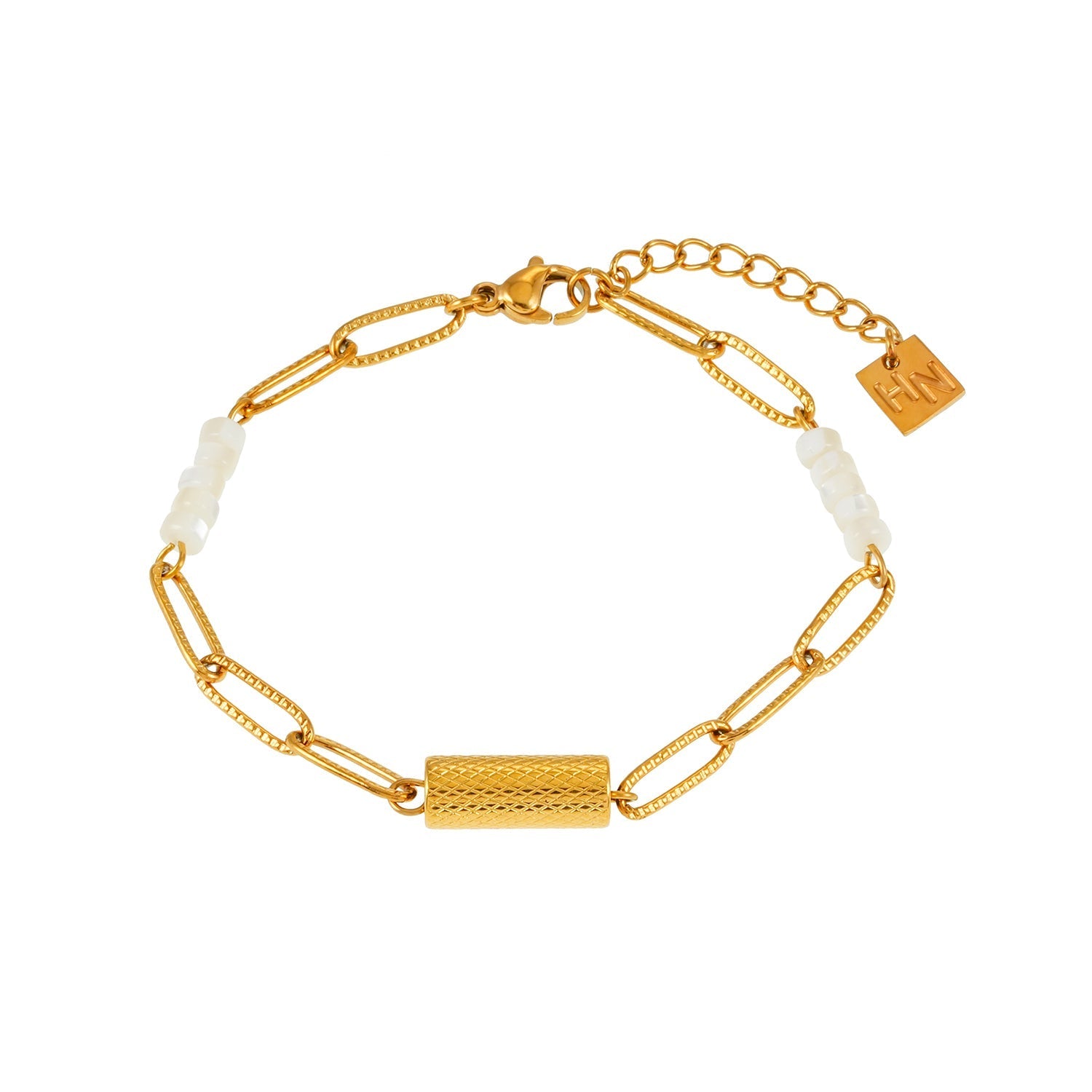 SEDONA Bracelet: Natural Shell & Gold Paper - Clip Chain Combination with an Art Deco Pendent - MacroPanora