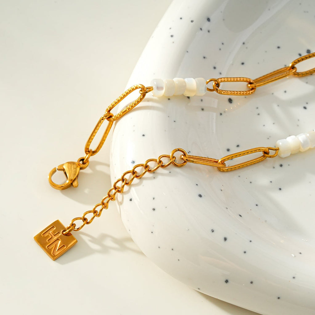 SEDONA Bracelet: Natural Shell & Gold Paper - Clip Chain Combination with an Art Deco Pendent - MacroPanora