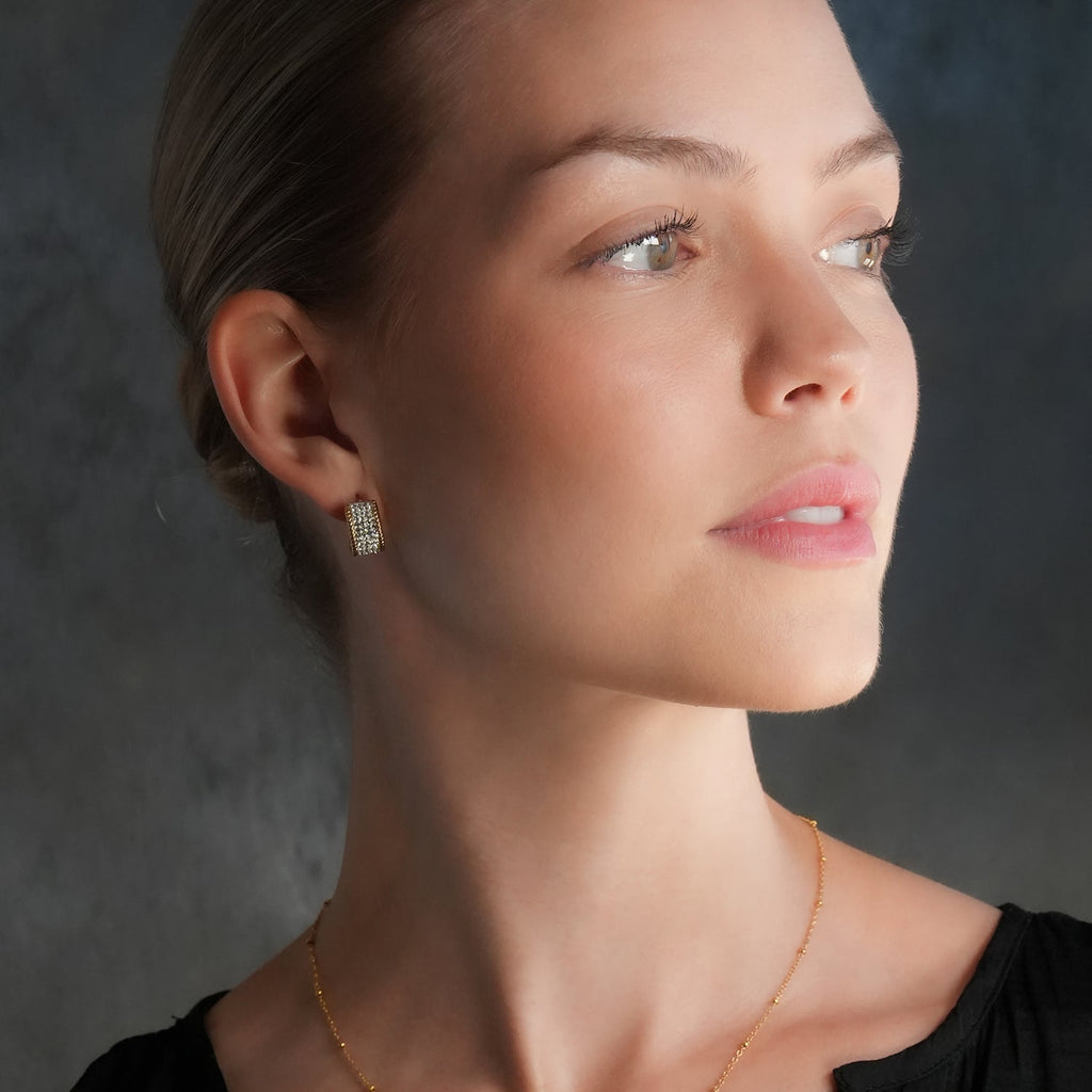 SHEERAN Gold: Quadruple - Row Pavé Zirconia (CZ) Hoop Stud Earrings with Ornate Border - MacroPanora