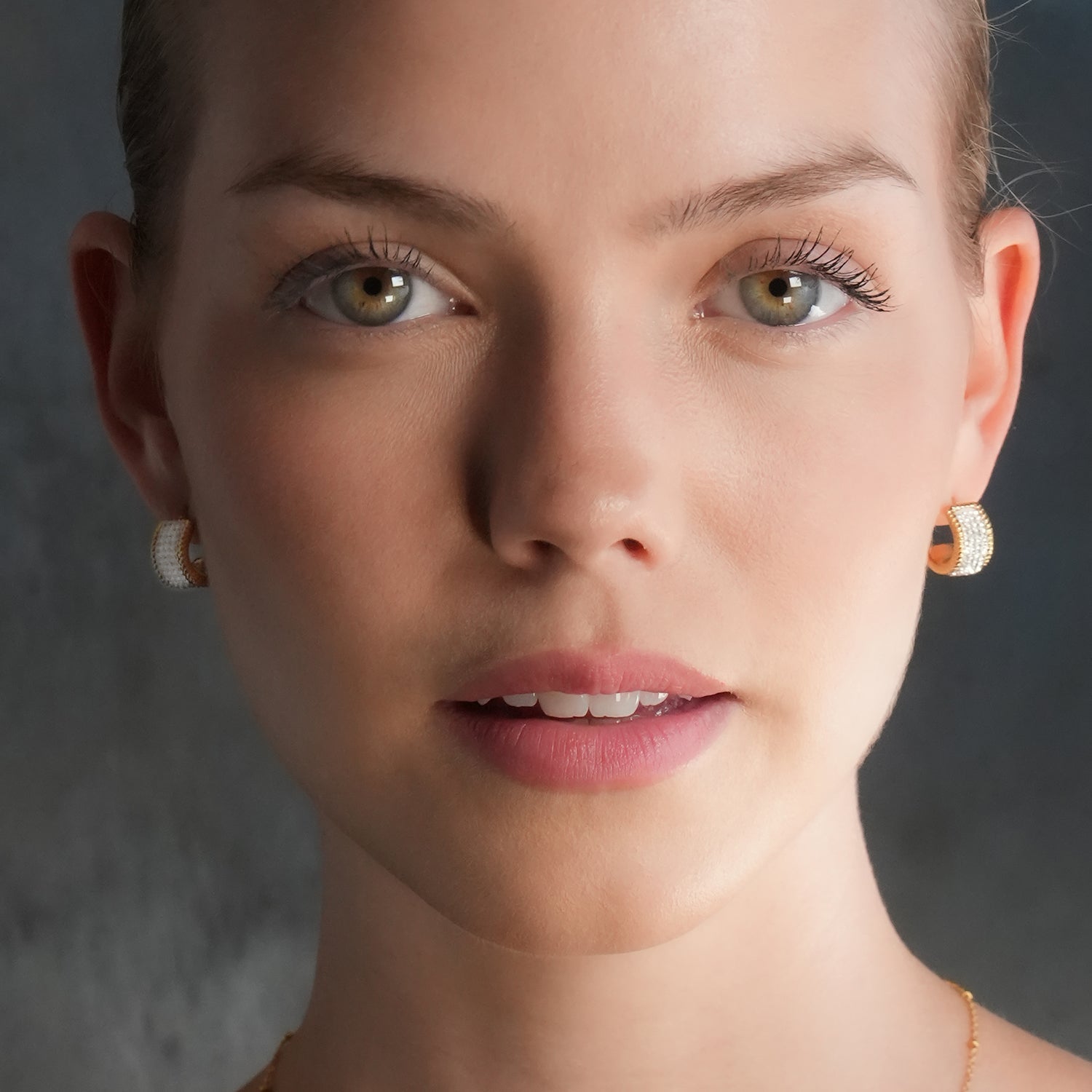 SHEERAN Gold: Quadruple - Row Pavé Zirconia (CZ) Hoop Stud Earrings with Ornate Border - MacroPanora