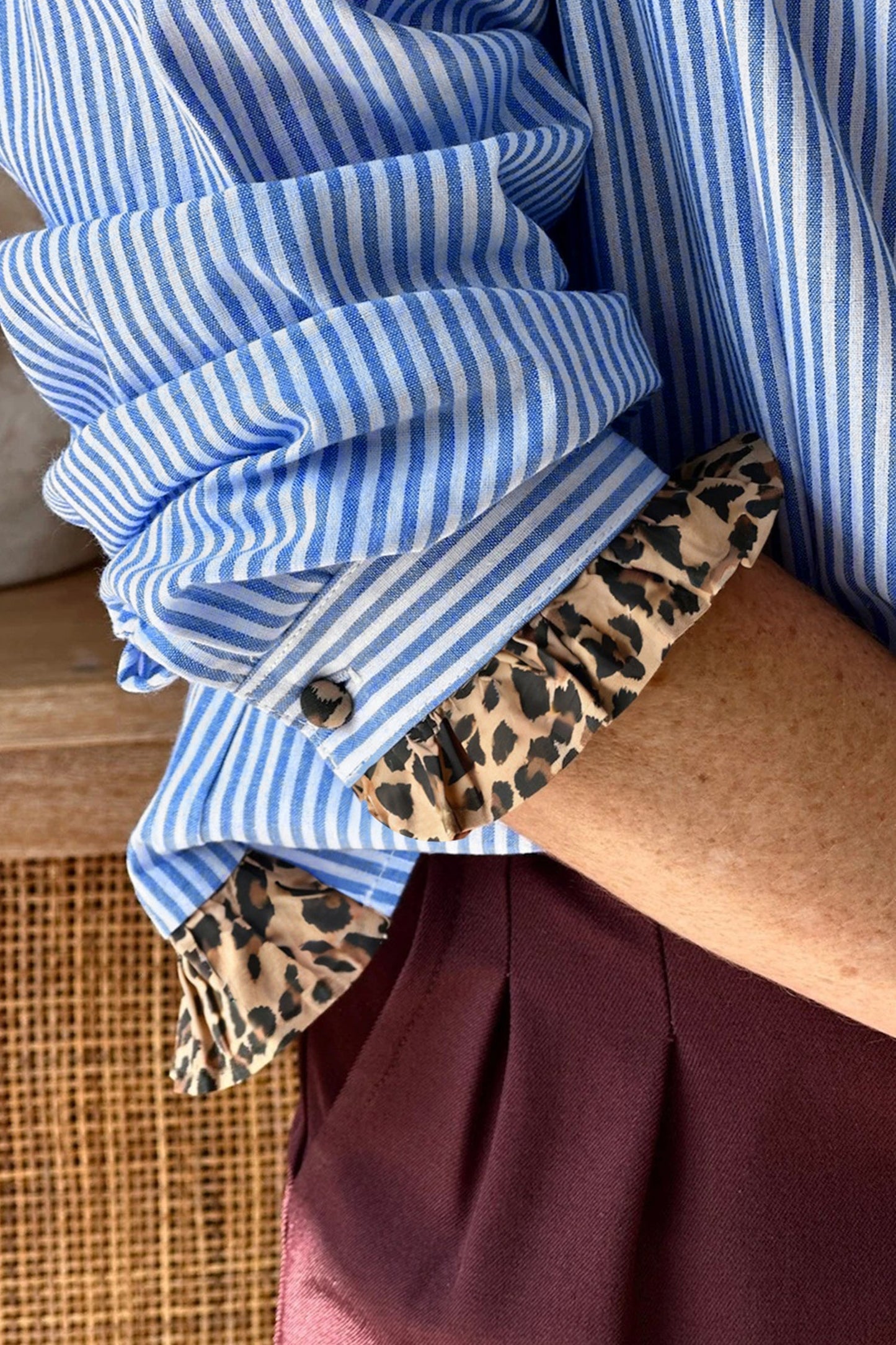 Sky Blue Striped Long Sleeve Shirt for Women with Frilled Leopard Trim Stylish Casual Comfort Fit - MacroPanora