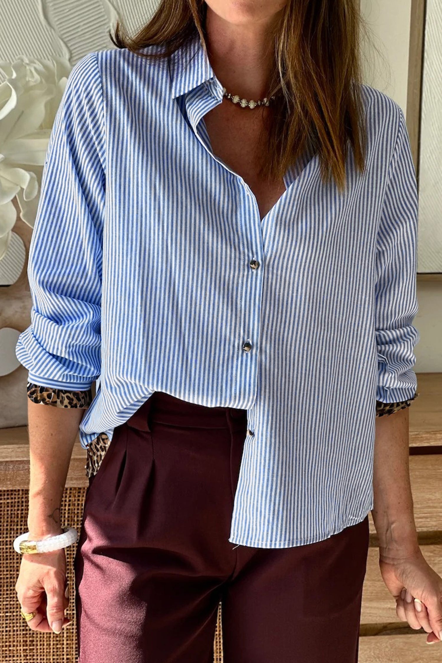 Sky Blue Striped Long Sleeve Shirt for Women with Frilled Leopard Trim Stylish Casual Comfort Fit - MacroPanora