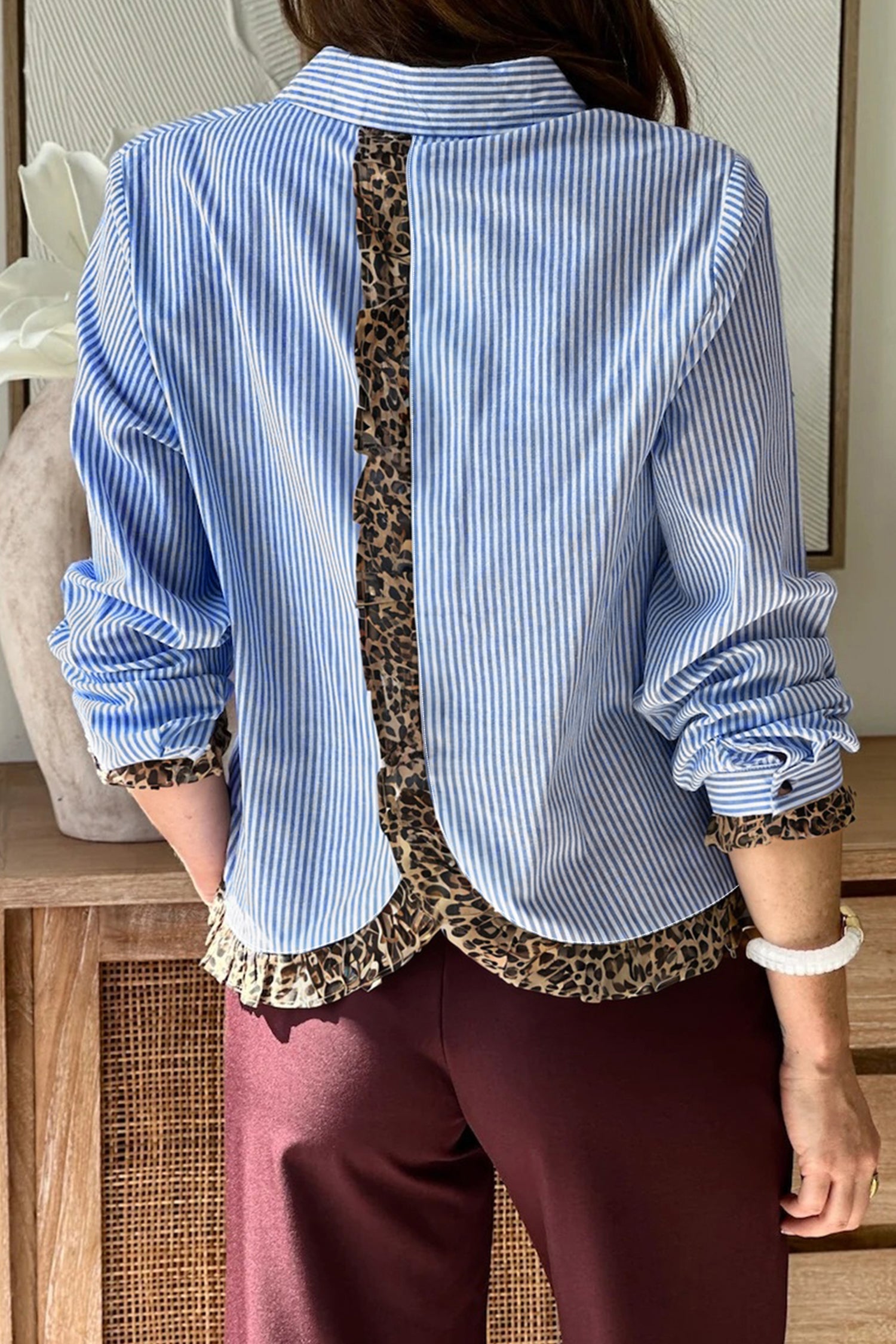 Sky Blue Striped Long Sleeve Shirt for Women with Frilled Leopard Trim Stylish Casual Comfort Fit - MacroPanora