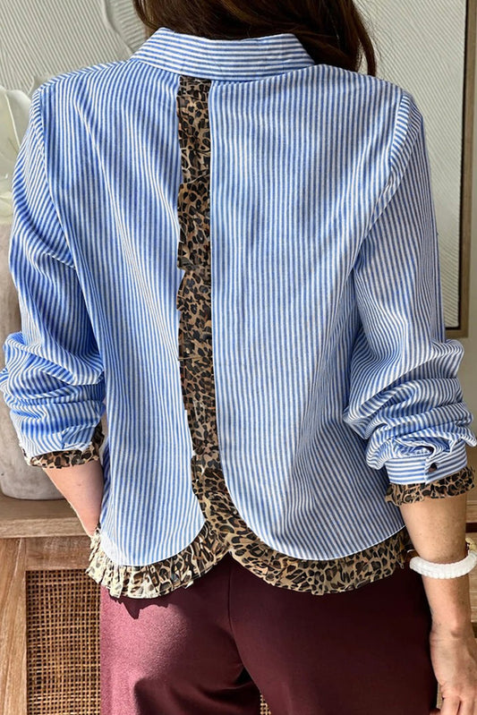 Sky Blue Striped Long Sleeve Shirt for Women with Frilled Leopard Trim Stylish Casual Comfort Fit - MacroPanora