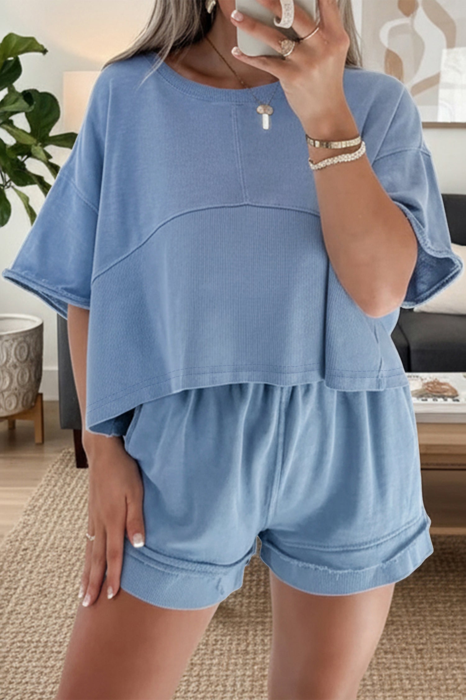Sky Blue Women's Summer Short Set with Textured Patchwork & Raw Edge for Effortless Chic - MacroPanora