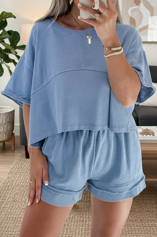 Sky Blue Women's Summer Short Set with Textured Patchwork & Raw Edge for Effortless Chic - MacroPanora