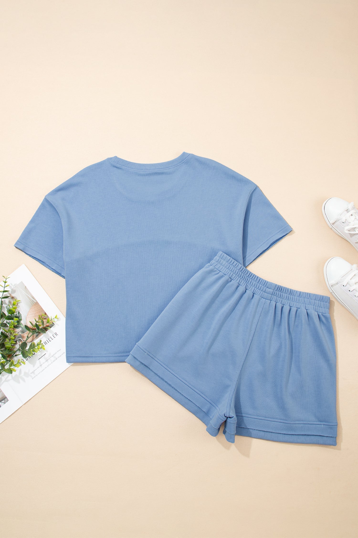 Sky Blue Women's Summer Short Set with Textured Patchwork & Raw Edge for Effortless Chic - MacroPanora