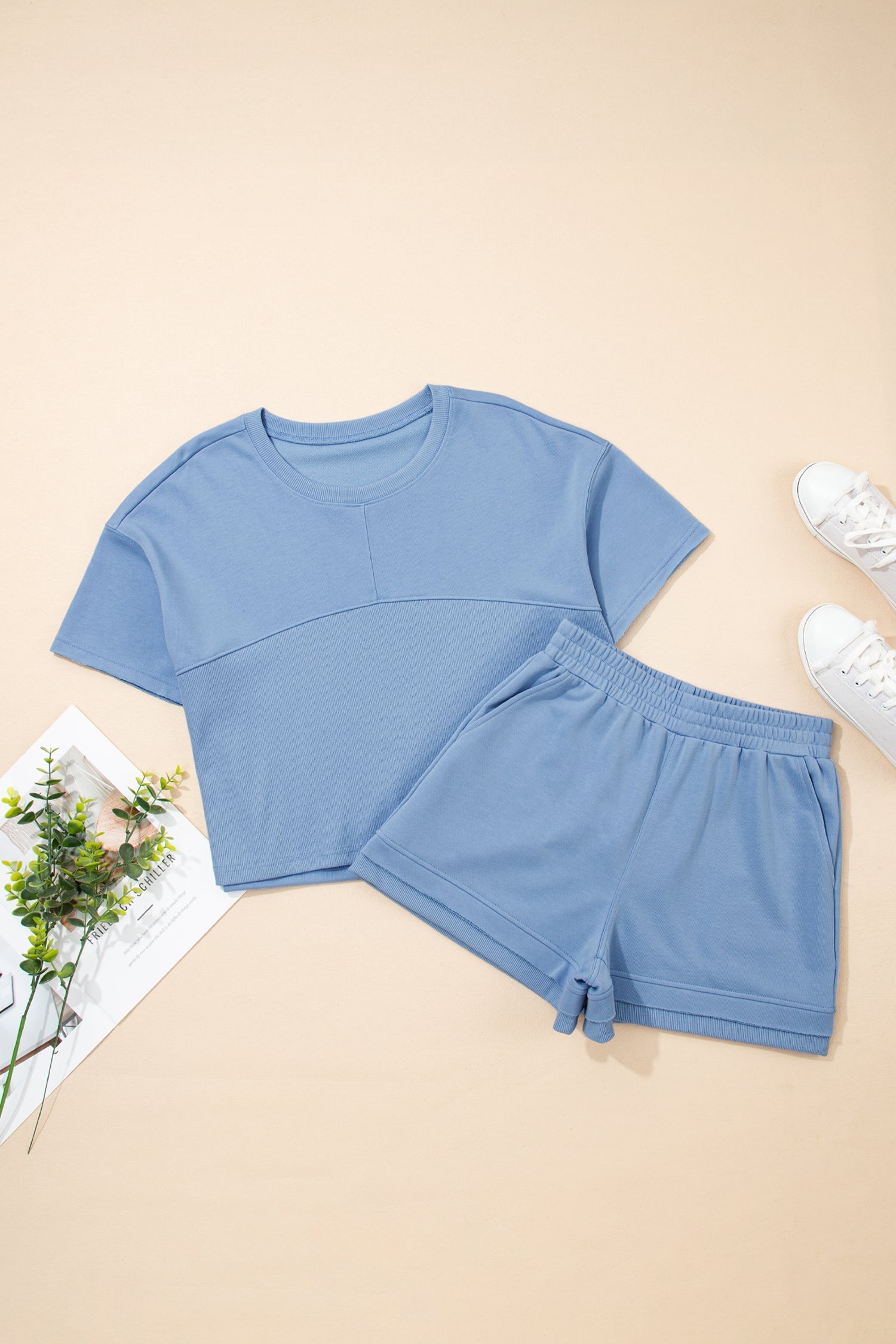 Sky Blue Women's Summer Short Set with Textured Patchwork & Raw Edge for Effortless Chic - MacroPanora