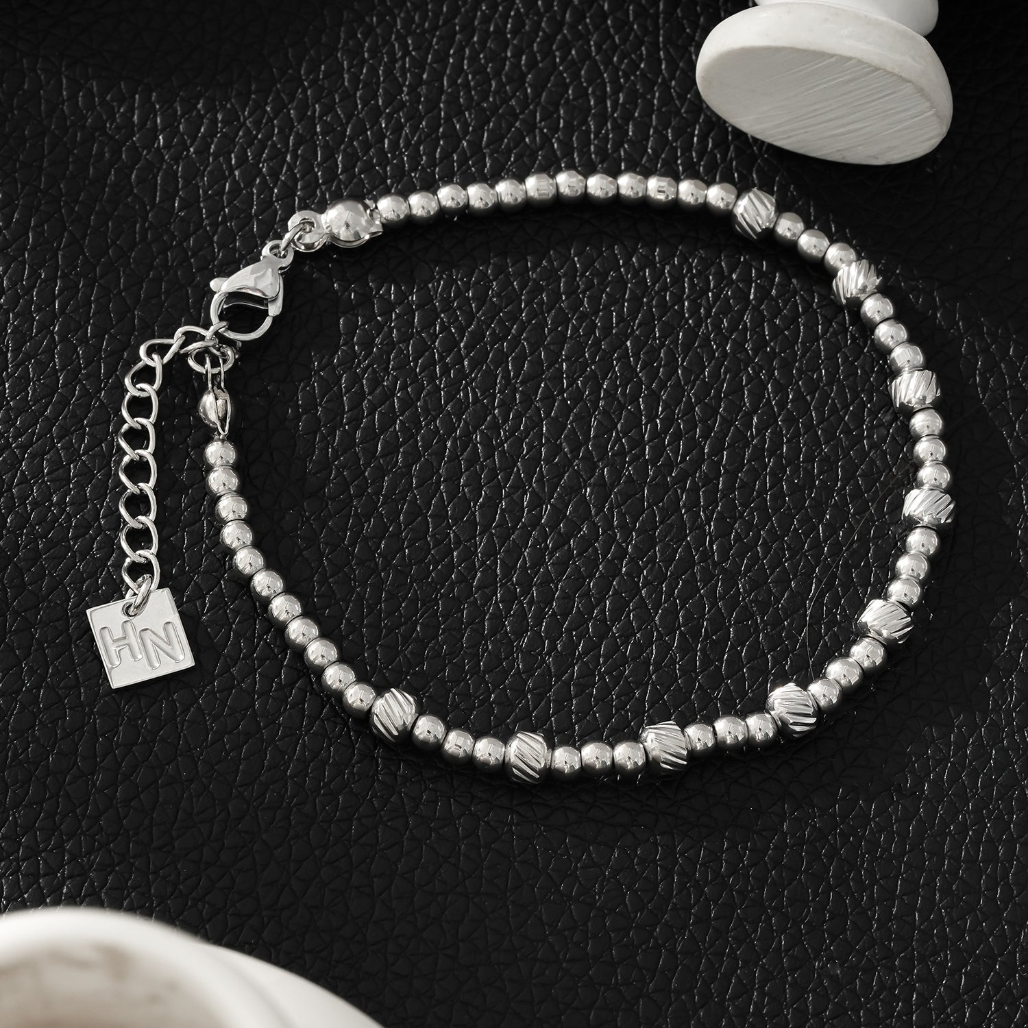 Style ANNABETH: Twin - Bead Fusion White Gold (Silver Toned) Chain Bracelet - MacroPanora