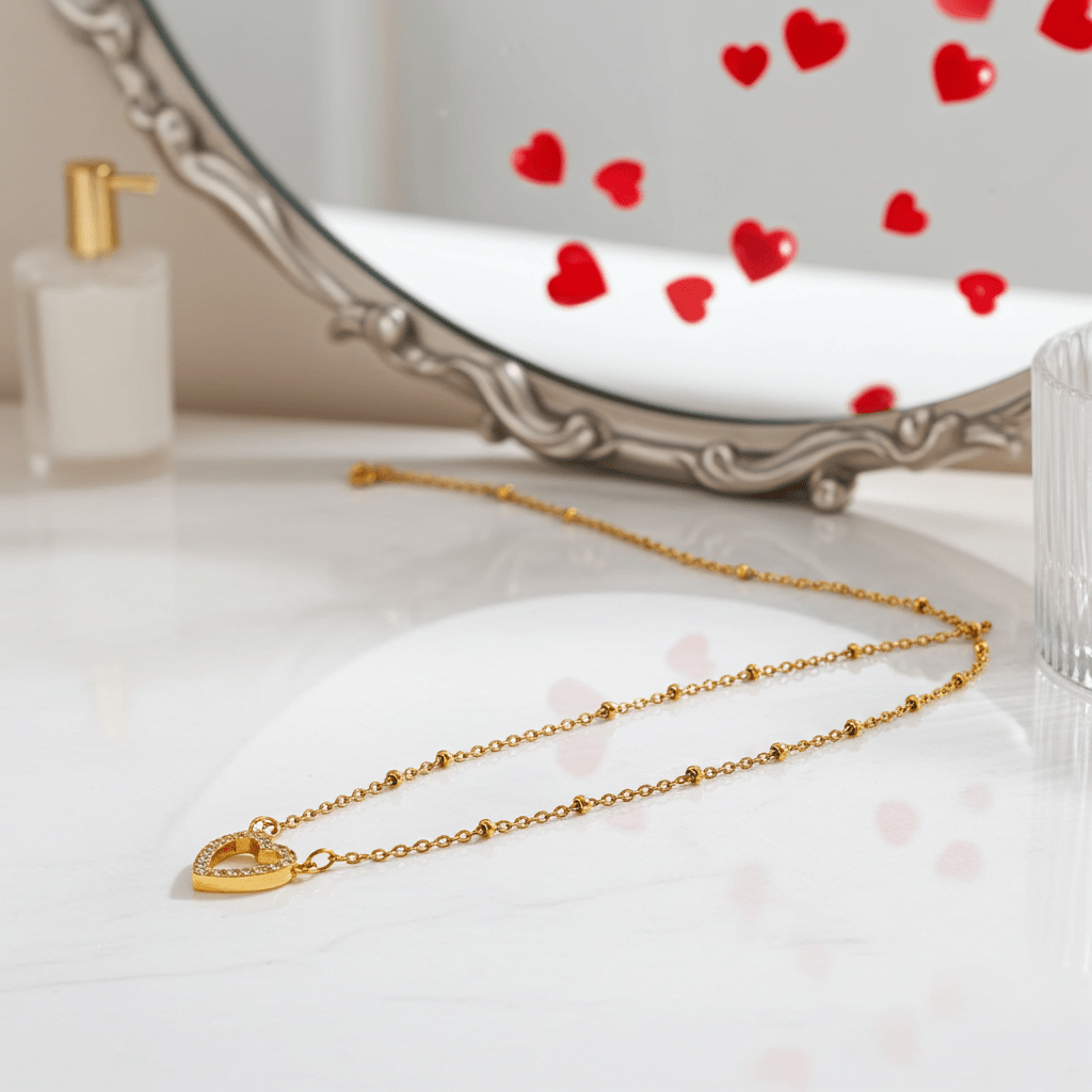 Style CHERISH Gold: Beaded Chain Anchoring an Elegant Pavé Heart Charm Pendant - MacroPanora