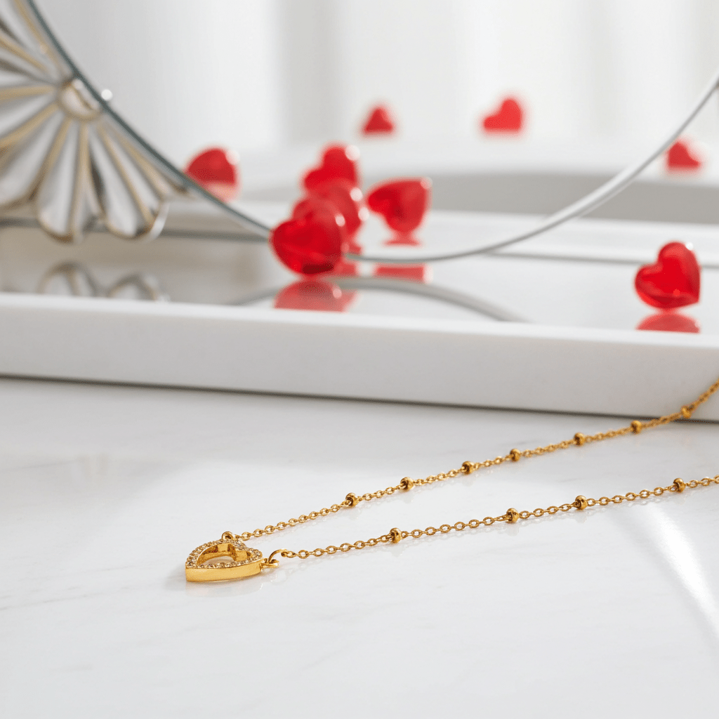 Style CHERISH Gold: Beaded Chain Anchoring an Elegant Pavé Heart Charm Pendant - MacroPanora