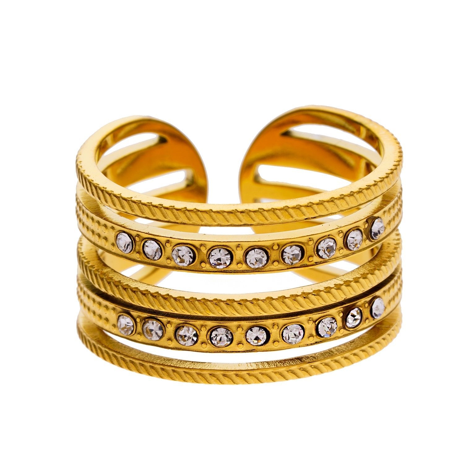 Style ISADORA: Multi Stacked Zirconia Embedded Textured Ring. - MacroPanora