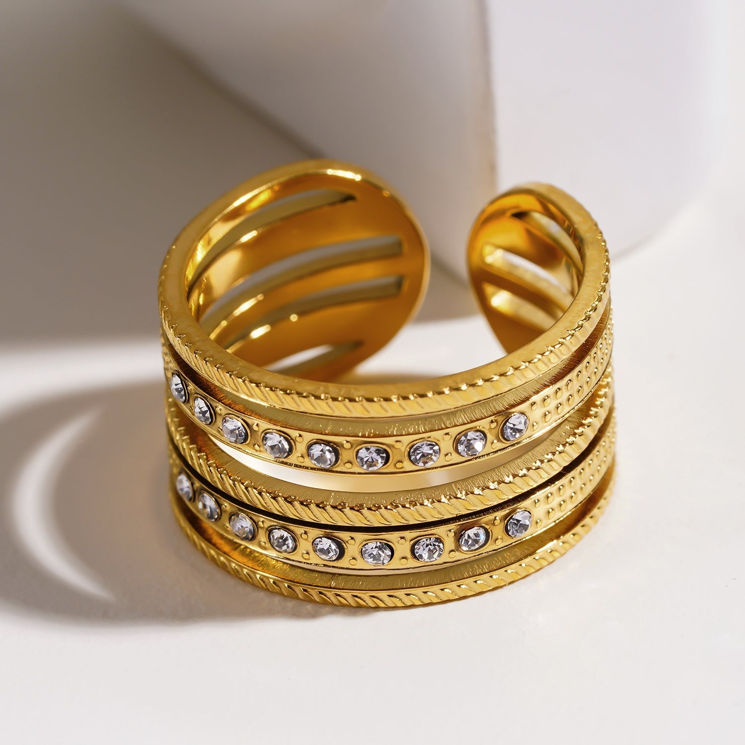 Style ISADORA: Multi Stacked Zirconia Embedded Textured Ring. - MacroPanora