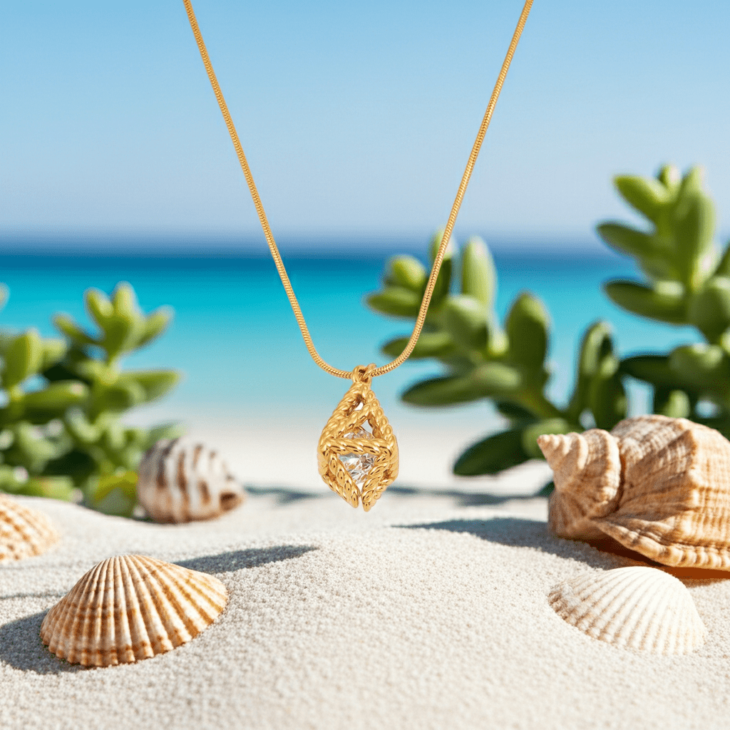 Style KARJAT: Gold Chain Necklace with Geometric Caged Zirconia Pendant - MacroPanora