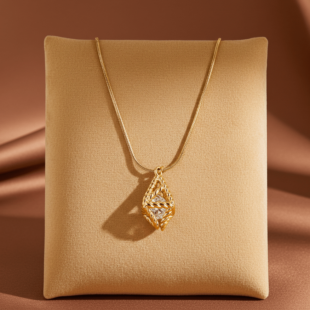 Style KARJAT: Gold Chain Necklace with Geometric Caged Zirconia Pendant - MacroPanora