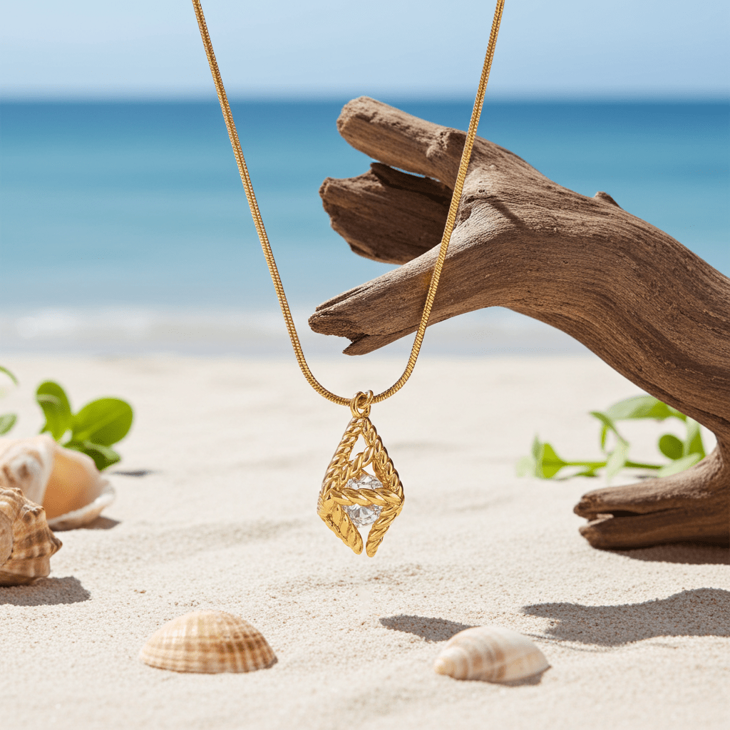 Style KARJAT: Gold Chain Necklace with Geometric Caged Zirconia Pendant - MacroPanora