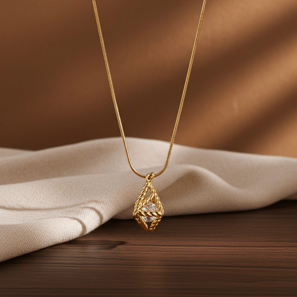 Style KARJAT: Gold Chain Necklace with Geometric Caged Zirconia Pendant - MacroPanora